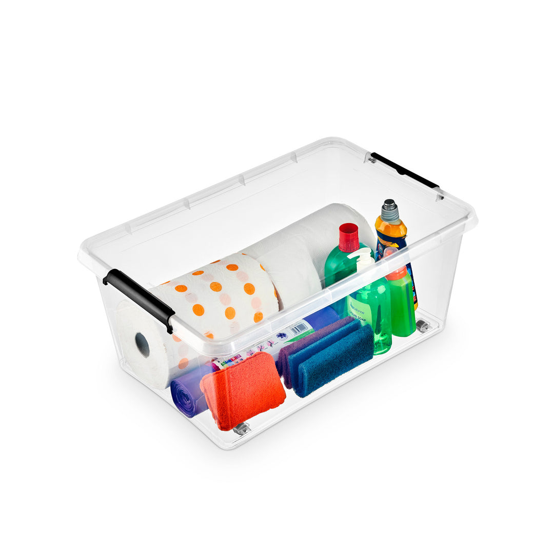 Moxom SimpleStore-Behälter, Fassungsvermögen 40 l, transparent, Deckel mit Clipverschluss, mit Rollen, BPA-frei, 04-0076, 4 Stück