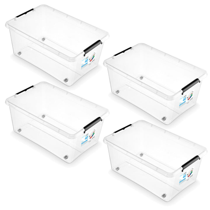 Moxom SimpleStore-Behälter, Fassungsvermögen 40 l, transparent, Deckel mit Clipverschluss, mit Rollen, BPA-frei, 04-0076, 4 Stück