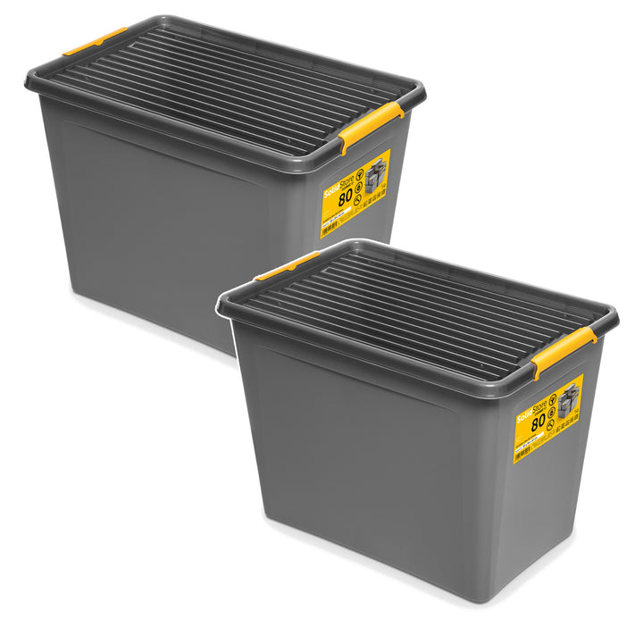 Moxom SolidStore-Behälter, Fassungsvermögen 80 l, grau, Deckel mit Clipverschluss, mit Rollen, BPA-frei, 04-0217, 2 Stück