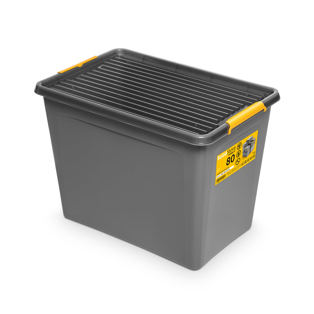 Moxom SolidStore-Behälter, Fassungsvermögen 80 l, grau, Deckel mit Clipverschluss, mit Rollen, BPA-frei, 04-0217, 3 Stück