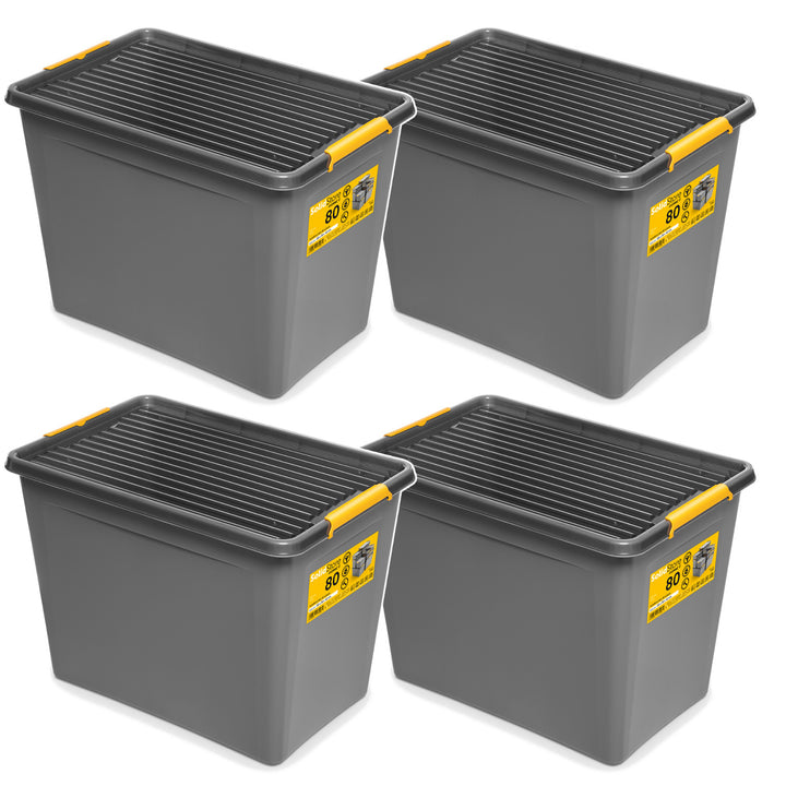 Moxom SolidStore-Behälter, Fassungsvermögen 80 l, grau, Deckel mit Clipverschluss, mit Rollen, BPA-frei, 04-0217, 4 Stück