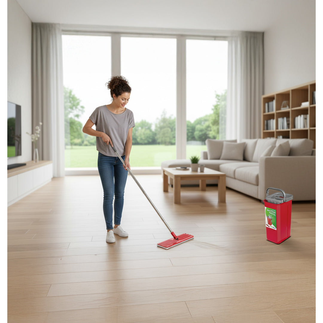 GreenBlue-Flachmopp mit Eimer und Auswringvorrichtung, zwei HQ-Mikrofaser-Einlagen, Fassungsvermögen 5,7 l, MaxiClean GB870 + 4 Vileda Pur Active Colors-Scheuerschwämme