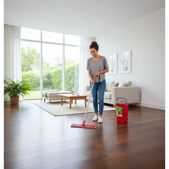 GreenBlue-Flachmopp mit Eimer und Auswringvorrichtung, zwei HQ-Mikrofaser-Einlagen, Fassungsvermögen 5,7 l, MaxiClean GB870 + 4 Vileda Pur Active Colors-Scheuerschwämme