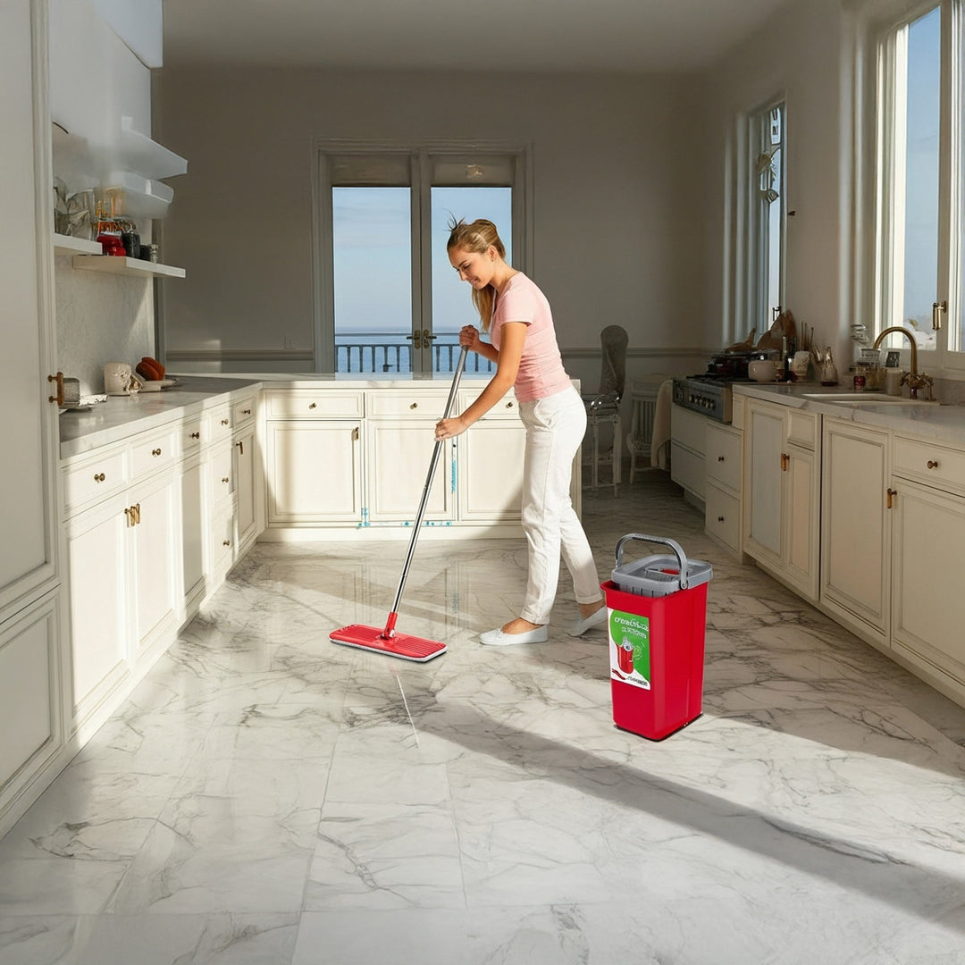 GreenBlue-Flachmopp mit Eimer und Auswringvorrichtung, zwei HQ-Mikrofaser-Einlagen, Fassungsvermögen 5,7 l, MaxiClean GB870 + 4 Vileda Pur Active Colors-Scheuerschwämme