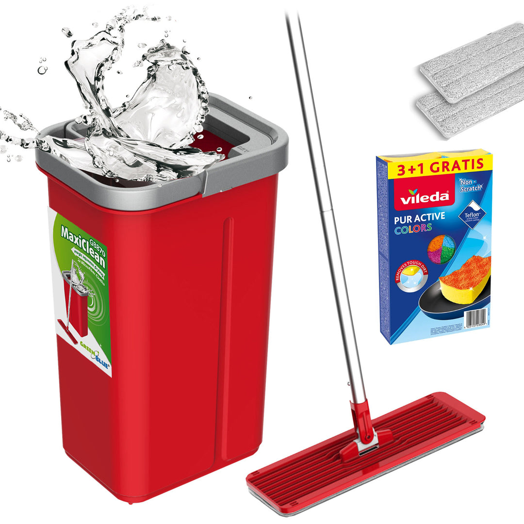 GreenBlue-Flachmopp mit Eimer und Auswringvorrichtung, zwei HQ-Mikrofaser-Einlagen, Fassungsvermögen 5,7 l, MaxiClean GB870 + 4 Vileda Pur Active Colors-Scheuerschwämme