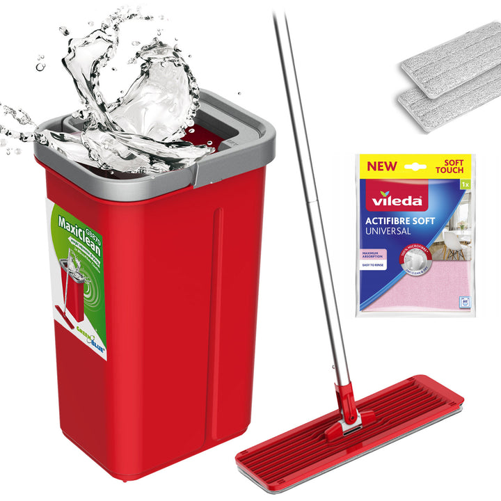 GreenBlue-Flachmopp mit Eimer und Auswringvorrichtung, zwei HQ-Mikrofaser-Einlagen, Fassungsvermögen 5,7 l, MaxiClean GB870 + Vileda Actifibre Soft-Tuch