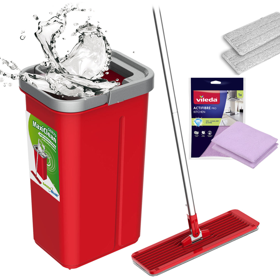 GreenBlue-Flachmopp mit Eimer und Auswringvorrichtung, zwei HQ-Mikrofaser-Einlagen, Fassungsvermögen 5,7 l, MaxiClean GB870 + Vileda Actifibre Pro-Tuch