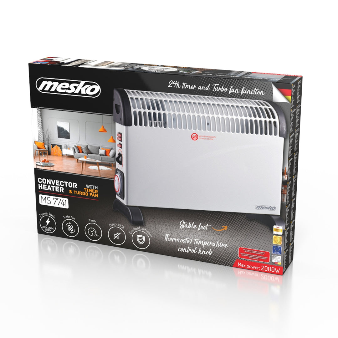 Konvektorheizung, elektrisch, mit Thermostat, 2000 W, 24-Stunden-Timer, weiß, Kabel 150 cm, Mesko, MS 7741W