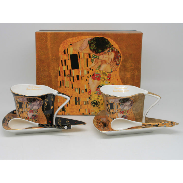 Porzellantassen „Klimt – Der Kuss“, 2 x 180 ml, mit Löffeln, Queen Isabell