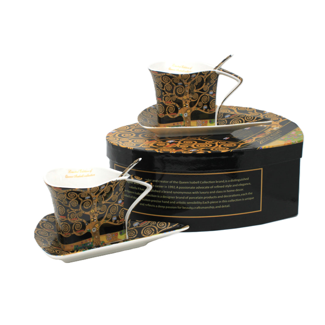 Porzellantassen „Klimt – Baum des Lebens“, 2 x 180 ml, mit Löffeln, Queen Isabell