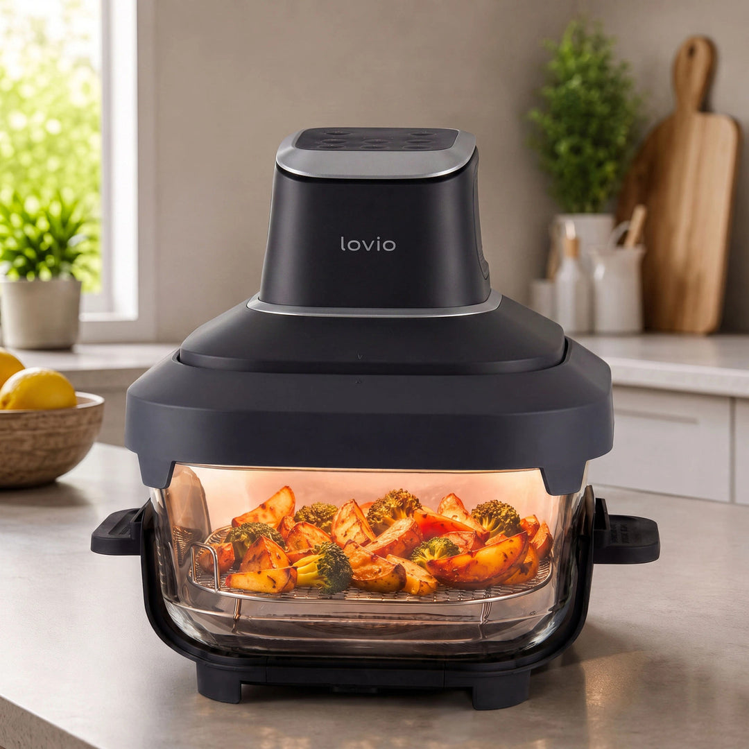 Fettfreie Heißluftfritteuse LOVIO PureFry Ultra Crisp LVAF003BK 4 l + 1,5 l, 1550 W, schwarz, mit Glasbehältern