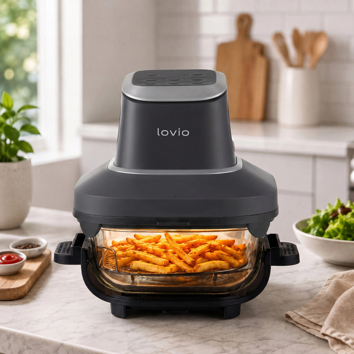 Fettfreie Heißluftfritteuse LOVIO PureFry Ultra Crisp LVAF003BK 4 l + 1,5 l, 1550 W, schwarz, mit Glasbehältern
