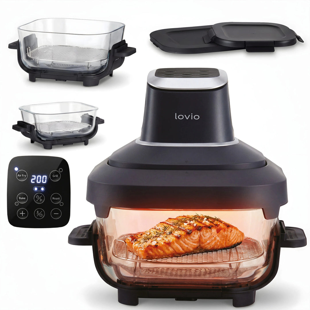 Fettfreie Heißluftfritteuse LOVIO PureFry Ultra Crisp LVAF003BK 4 l + 1,5 l, 1550 W, schwarz, mit Glasbehältern