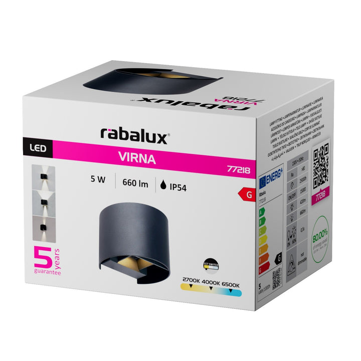 Außenwandleuchte, Virna, LED 5 W, 420 lm, Farbtemperatur 2700, 4000, 6500 K, IP54, schwarz, 77218