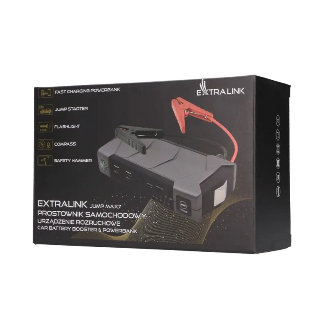 Extralink Jump Max7 Starthilfe, Kapazität 10.000 mAh, 3 LEDs, Taschenlampe, Kompass, Hammer, Startstrom 400 A, Spitzenstrom 1.000 A