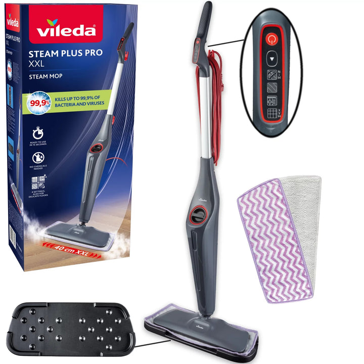 Vileda Steam Plus XXL Pro Dampfmopp, tötet 99,9 % der Bakterien ab, ideal für große Flächen, für alle Bodenbeläge geeignet, 180835