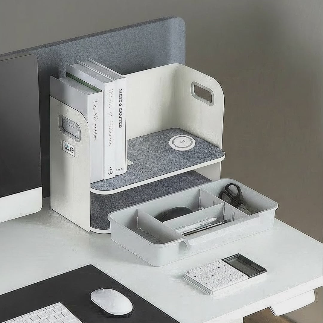 Schreibtisch-Organizer mit kabelloser Qi Aufladung, Schublade und Buchstütze Organizer für Büroutensilien Qi Ladestation Büro-Organizer Büroablage bis 10kg Weiß