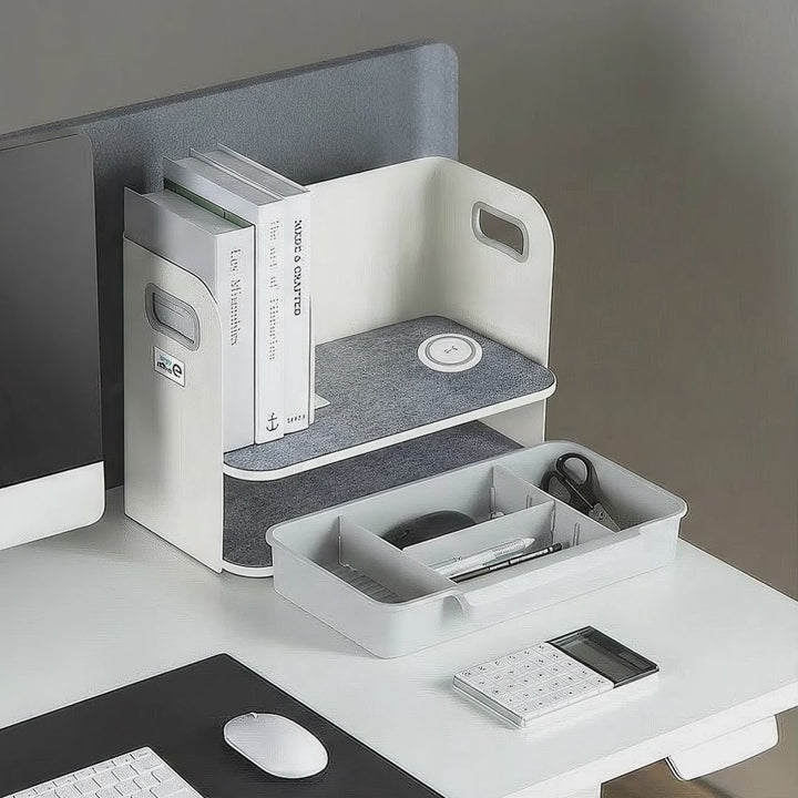 Schreibtisch-Organizer mit kabelloser Qi Aufladung, Schublade und Buchstütze Organizer für Büroutensilien Qi Ladestation Büro-Organizer Büroablage bis 10kg Weiß