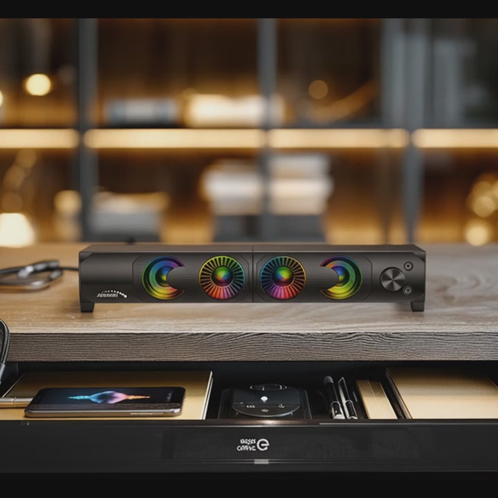 2 in 1 2.0 PC-Lautsprecher mit Soundbar Funktion RGB-Hintergrundbeleuchtung Stereo-Lautsprecher 2x3W RMS AUX 3,5 mm USB-Stromversorgung