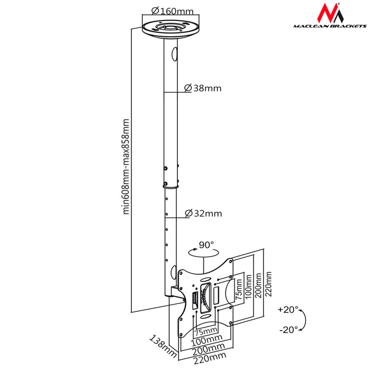 MC-504A B Maclean Ferseher Deckenhalterung 23-42 Zoll /50-85cm/bis 30kg/Schwarz