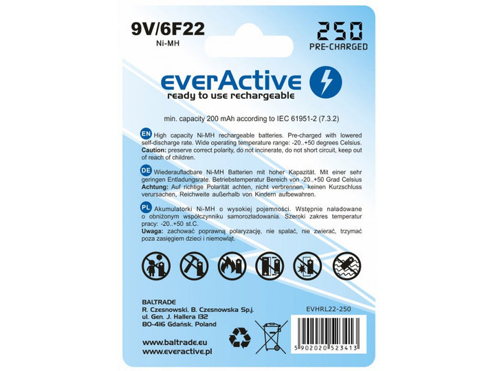 Akku everActive Ni-MH 9V 6F22 250mAh Silver Line