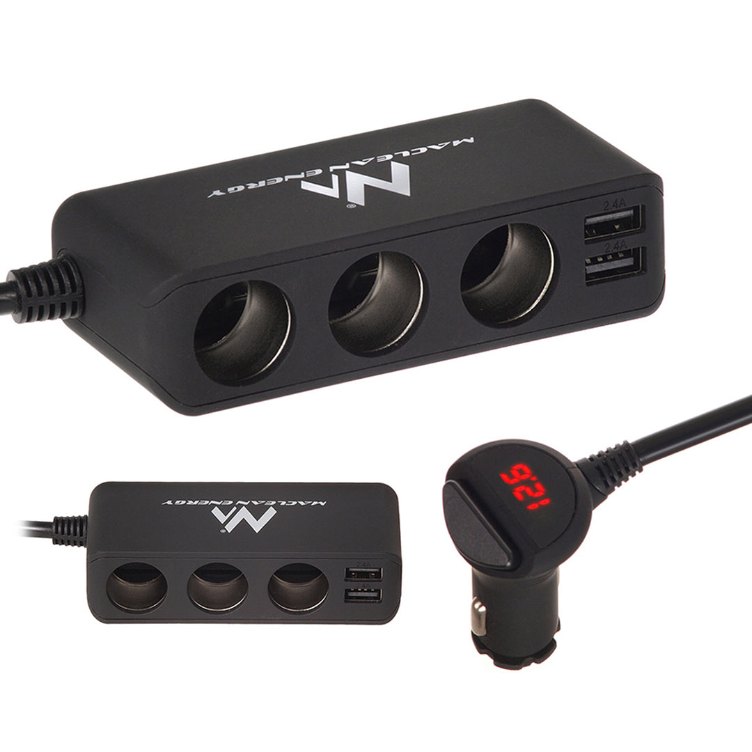 Maclean Auto-Zigarettenanzünder-Steckdosen-Verteiler, Voltmeter, 3 Zigarettenanzünder-Steckdosen, 4xUSB, 4,8A, max 120W, schwarz, gummiert, MCE117