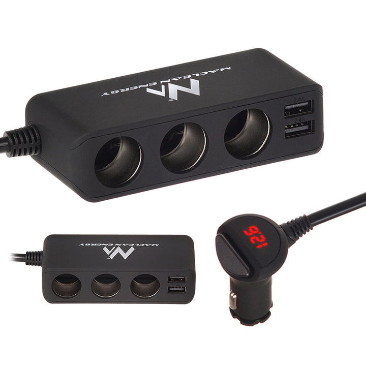 Maclean Auto-Zigarettenanzünder-Steckdosen-Verteiler, Voltmeter, 3 Zigarettenanzünder-Steckdosen, 4xUSB, 4,8A, max 120W, schwarz, gummiert, MCE117