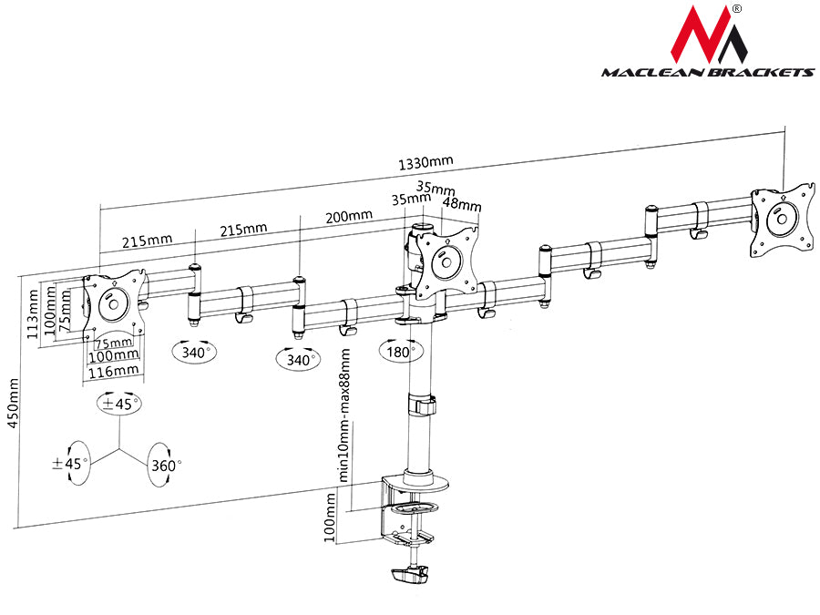 Maclean MC-691 3-Fach Tischhalterung Multi Monitorarm Monitorhalterung 13"-27" 3x8kg VESA 75x75 100x100