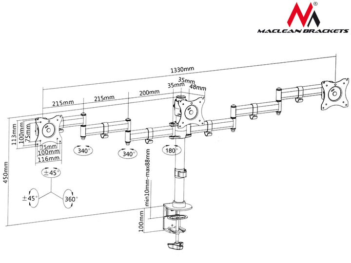 Maclean MC-691 3-Fach Tischhalterung Multi Monitorarm Monitorhalterung 13"-27" 3x8kg VESA 75x75 100x100