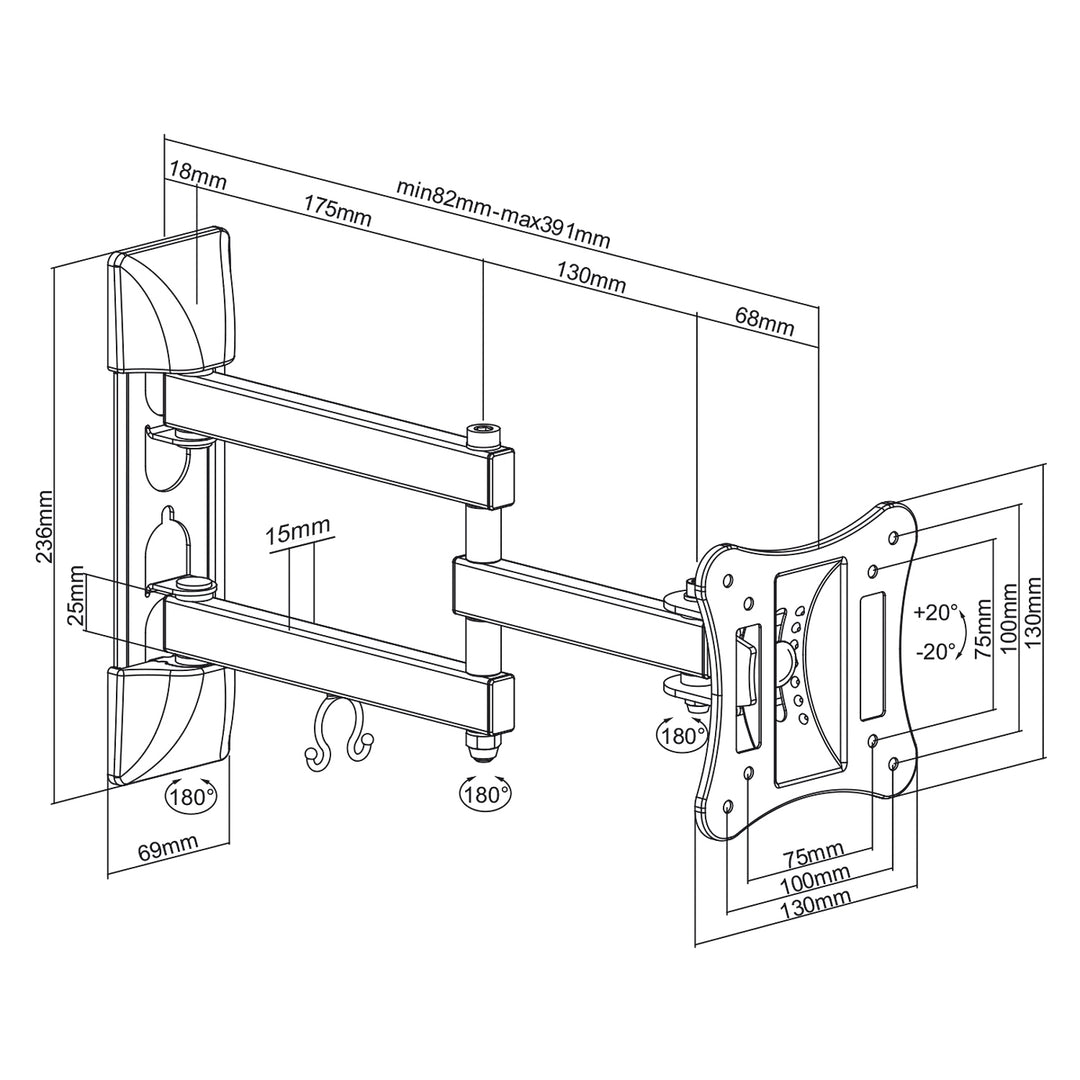 Universal Wandhalterung für TV oder Monitor 13 "- 27" max 15 kg Universal Schwarz Solide 100x100 Maclean MC-719