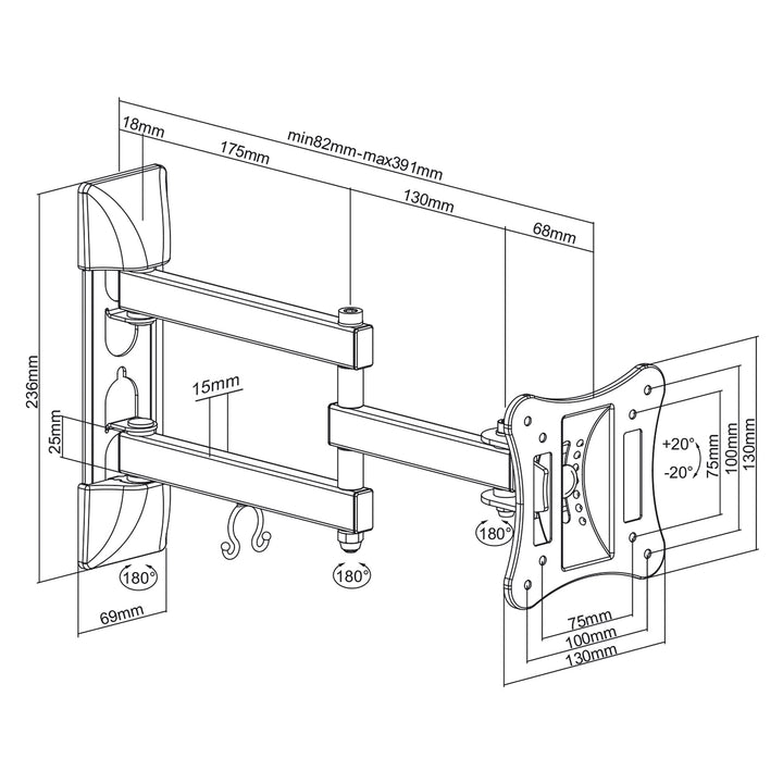 Universal Wandhalterung für TV oder Monitor 13 "- 27" max 15 kg Universal Schwarz Solide 100x100 Maclean MC-719