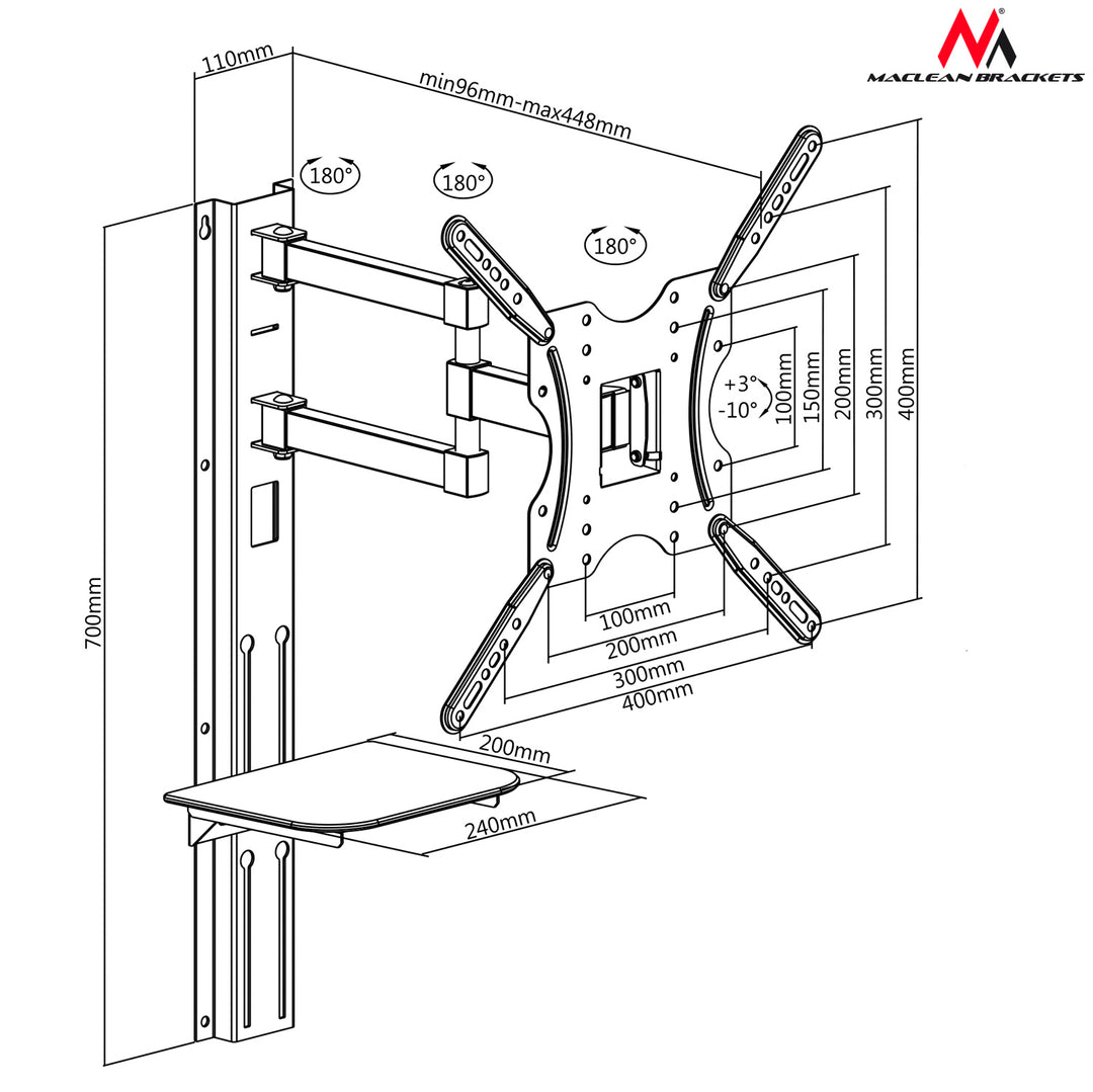 Fernseher Wanhalterung Maclean Brackets mit integrierter Kabelführung und Ablagefläche.