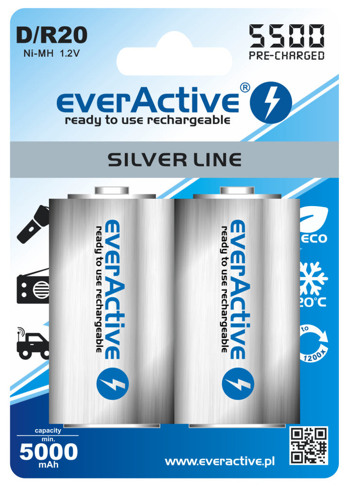 2 Stück Batterie (1 Blister) - R20 D 5500mAh everActive wiederaufladbare Silver Line