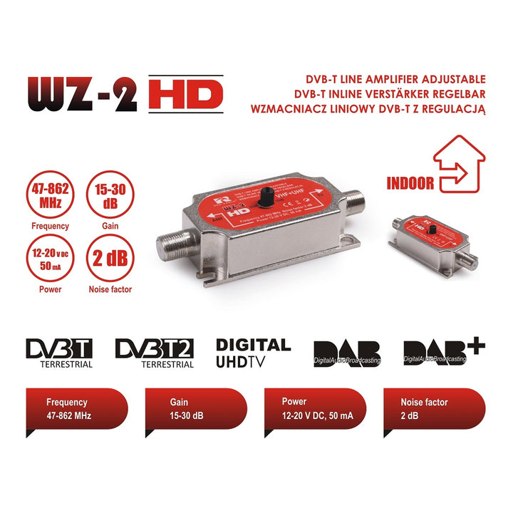 Antennenverstärker Inline Regelbar  DVB-T VHF UHF DAB