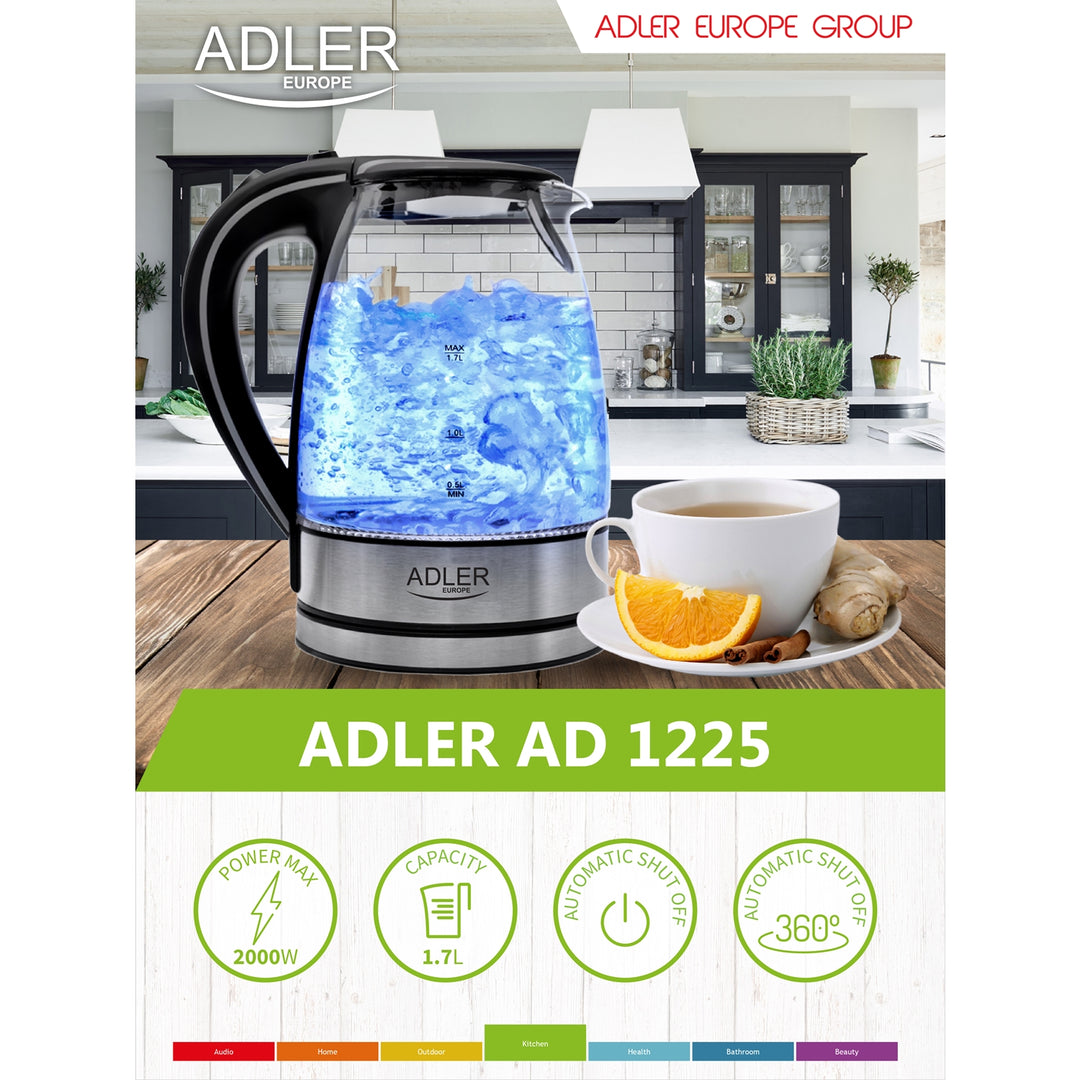 Wasserkocher Glas Glaswasserkocher Beleuchtung Edelstahl  Adler elektrischer Kocher transparent Wasserkessel