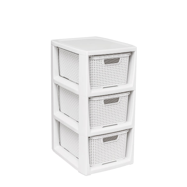 BranQ Rattan Korbregal Badregal mit 3 Körben Schubladen Dreiteilig Badezimmer Regal 23 x 29 x 48 cm Weiß