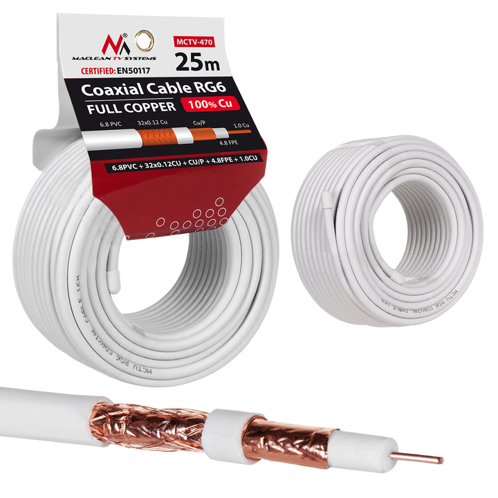 Antennenkabel Koaxialkabel RG6 Reines Kupfer 100% Cu Koax Antennen Kabel SAT Satellitenkabel TV (25m)