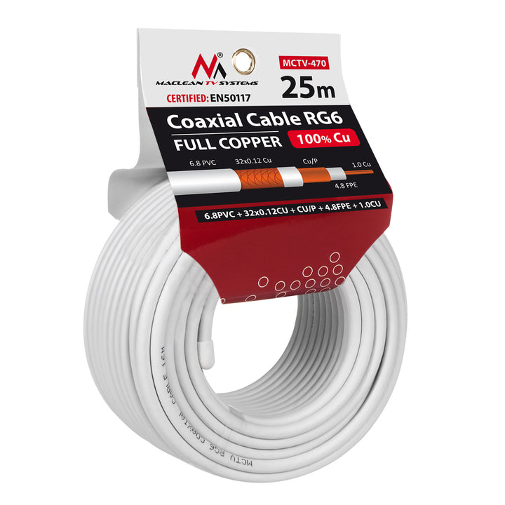 Antennenkabel Koaxialkabel RG6 Reines Kupfer 100% Cu Koax Antennen Kabel SAT Satellitenkabel TV (25m)