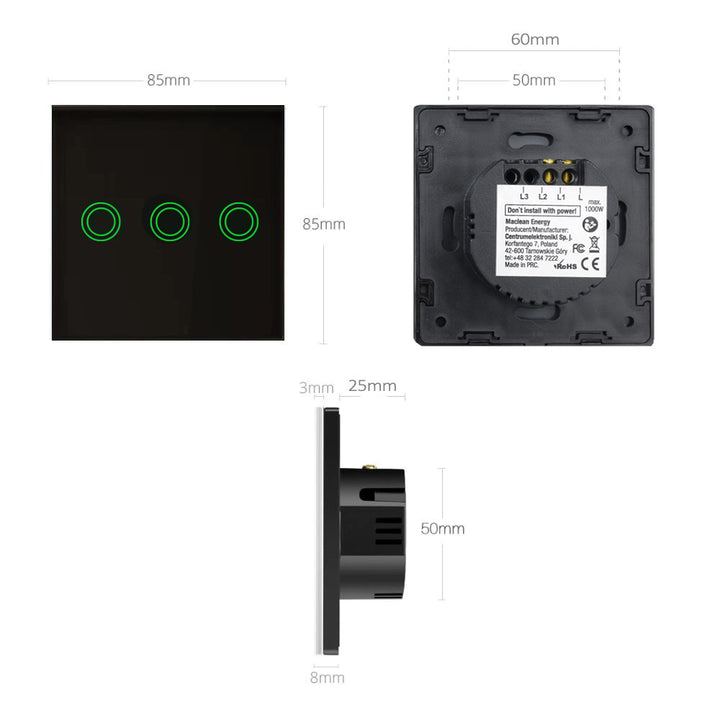 Touch-Lichtschalter, dreifach, Glas, schwarz mit rundem Knopf Maclean Energy MCE705B, Abmessungen 86 x 86 mm, mit Knopfbeleuchtung