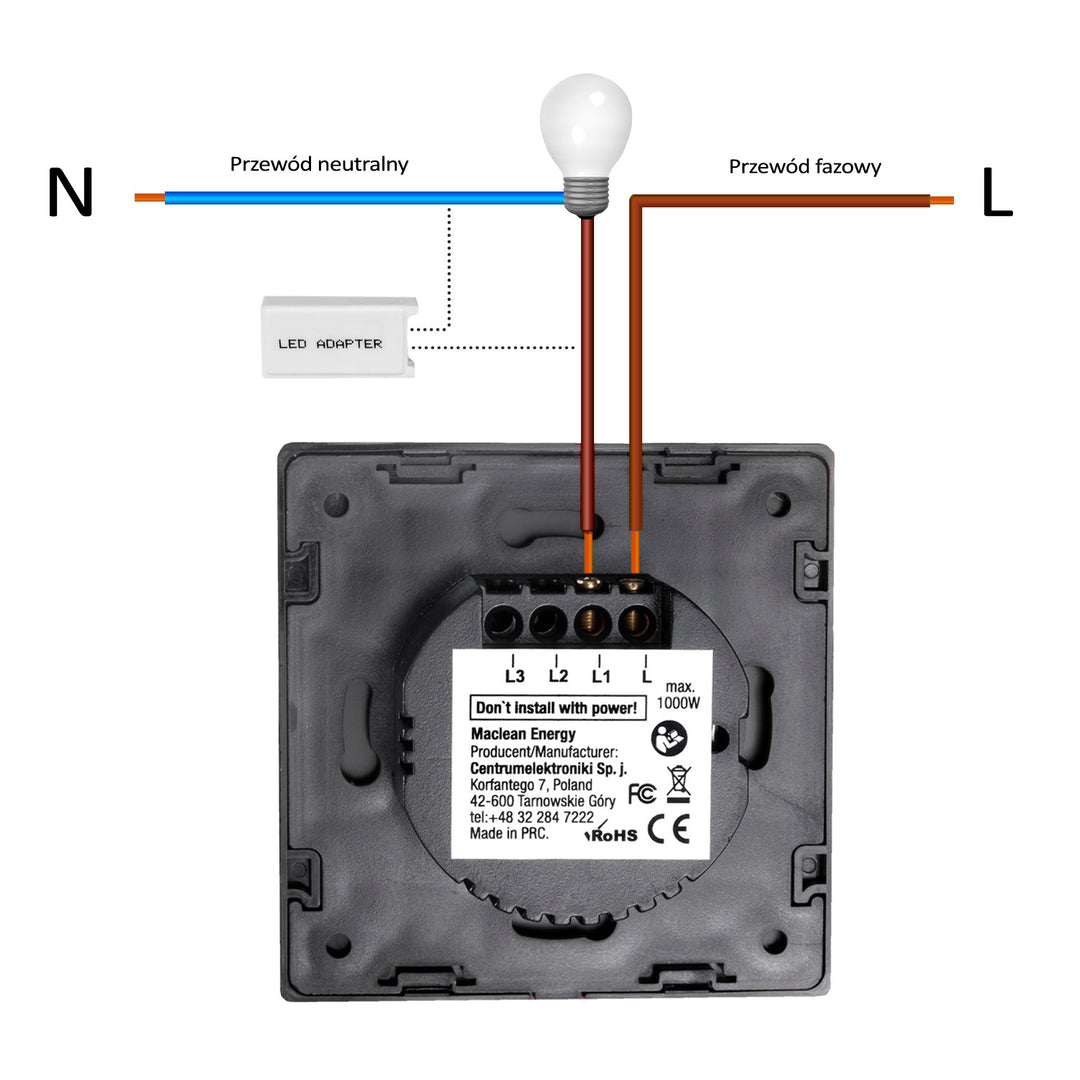 Touch-Lichtschalter, dreifach, Glas, schwarz mit rundem Knopf Maclean Energy MCE705B, Abmessungen 86 x 86 mm, mit Knopfbeleuchtung