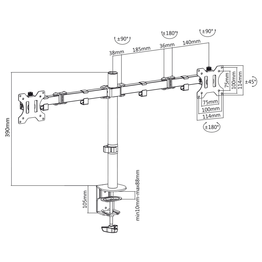 2-Fach Monitorhalterung Tischhalterung 17-32" Zoll Schwenkbar Neigbar Höhenverstellbar Doppelarm VESA 75x75 100x100 bis 2x8kg