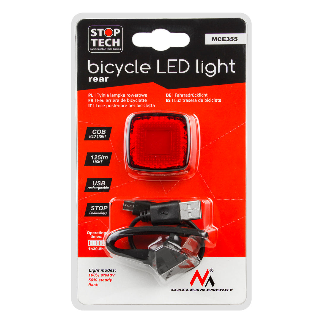 Fahrradlampe hinten USB AUTO STOP Dämmerungssensor Maclean Energy MCE355 COB LED max. 125lm acu 450mAh