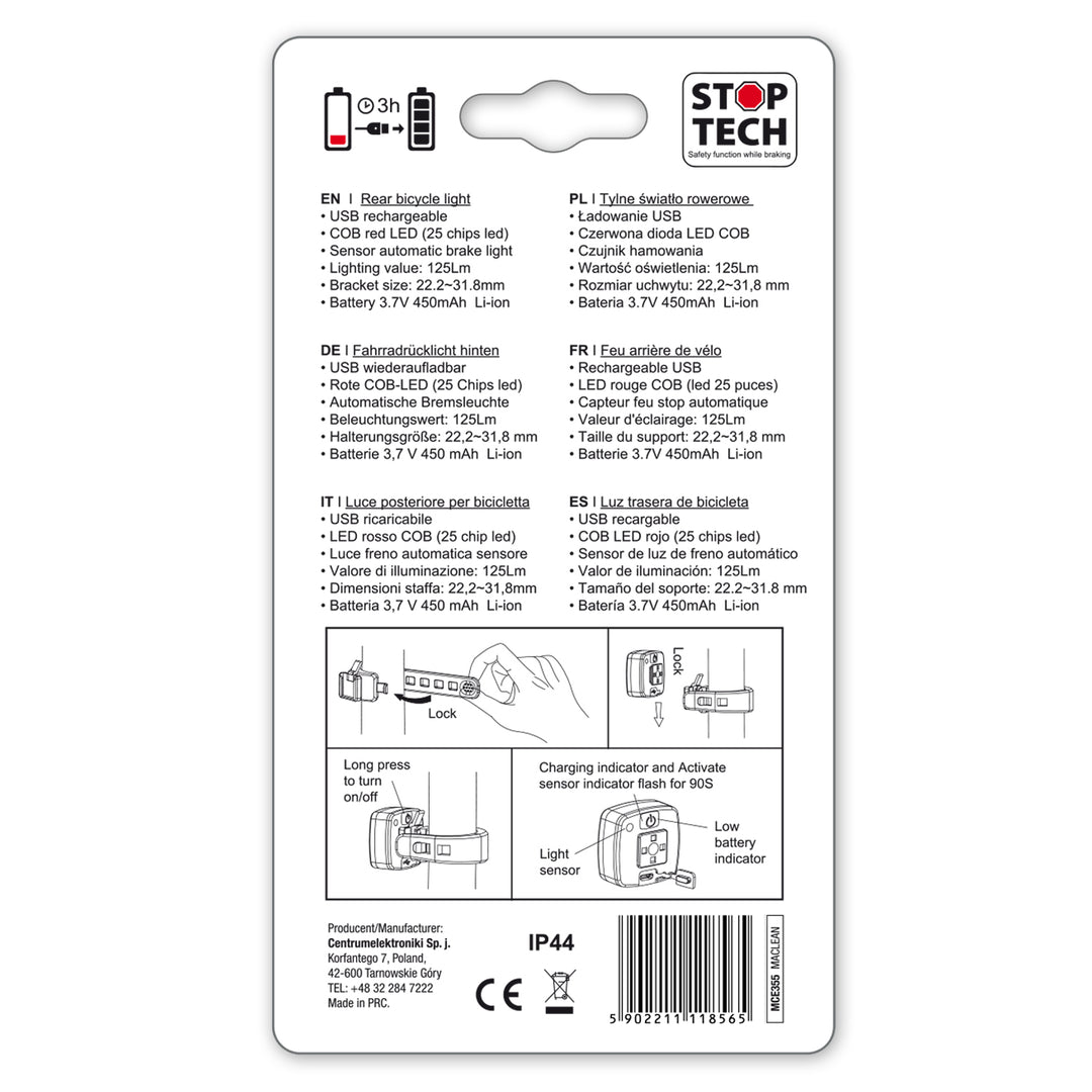 Fahrradlampe hinten USB AUTO STOP Dämmerungssensor Maclean Energy MCE355 COB LED max. 125lm acu 450mAh