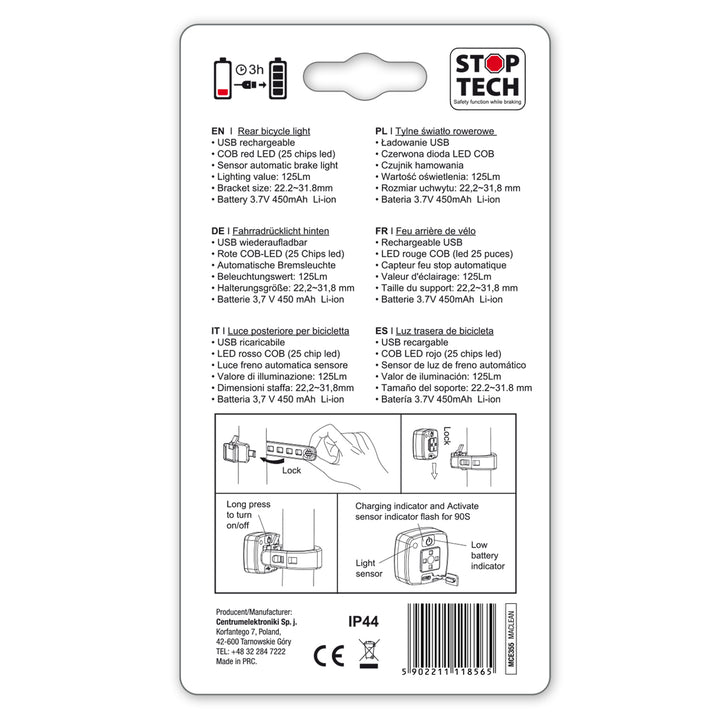 Fahrradlampe hinten USB AUTO STOP Dämmerungssensor Maclean Energy MCE355 COB LED max. 125lm acu 450mAh