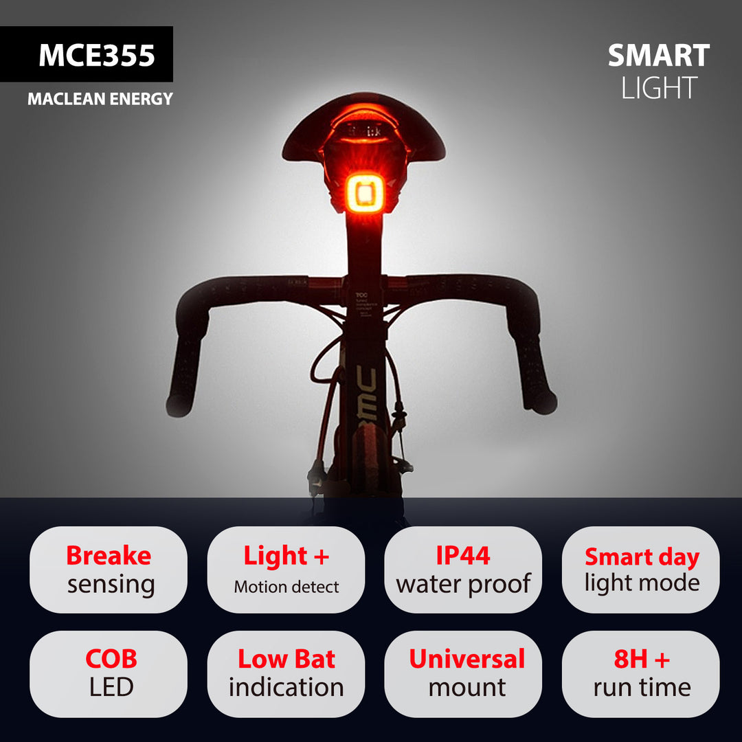 Fahrradlampe hinten USB AUTO STOP Dämmerungssensor Maclean Energy MCE355 COB LED max. 125lm acu 450mAh