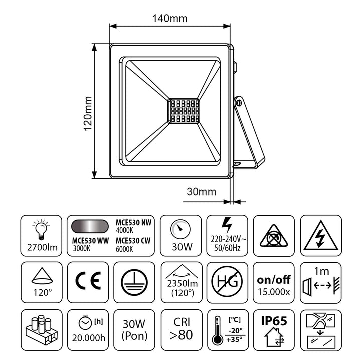 MCE530 CW LED Flutlicht Strahler LED Fluter IP65 Wasserdicht Scheinwerfer Außenbeleuchtung Licht Slim Premium 2400lm (Kaltweiß 6000K, 30W)