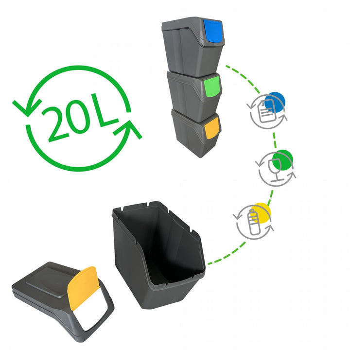 Sortibox Sortier Mülleimer zum Mülltrennung Set 3x20L grau