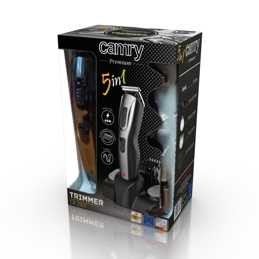 Der Camry CR 2921 5-in-1-Trimmer kombiniert Haarschneidemaschine, Rasierer und Trimmer