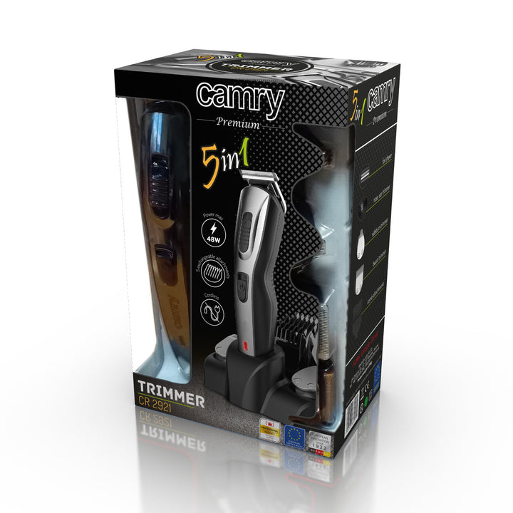 Der Camry CR 2921 5-in-1-Trimmer kombiniert Haarschneidemaschine, Rasierer und Trimmer