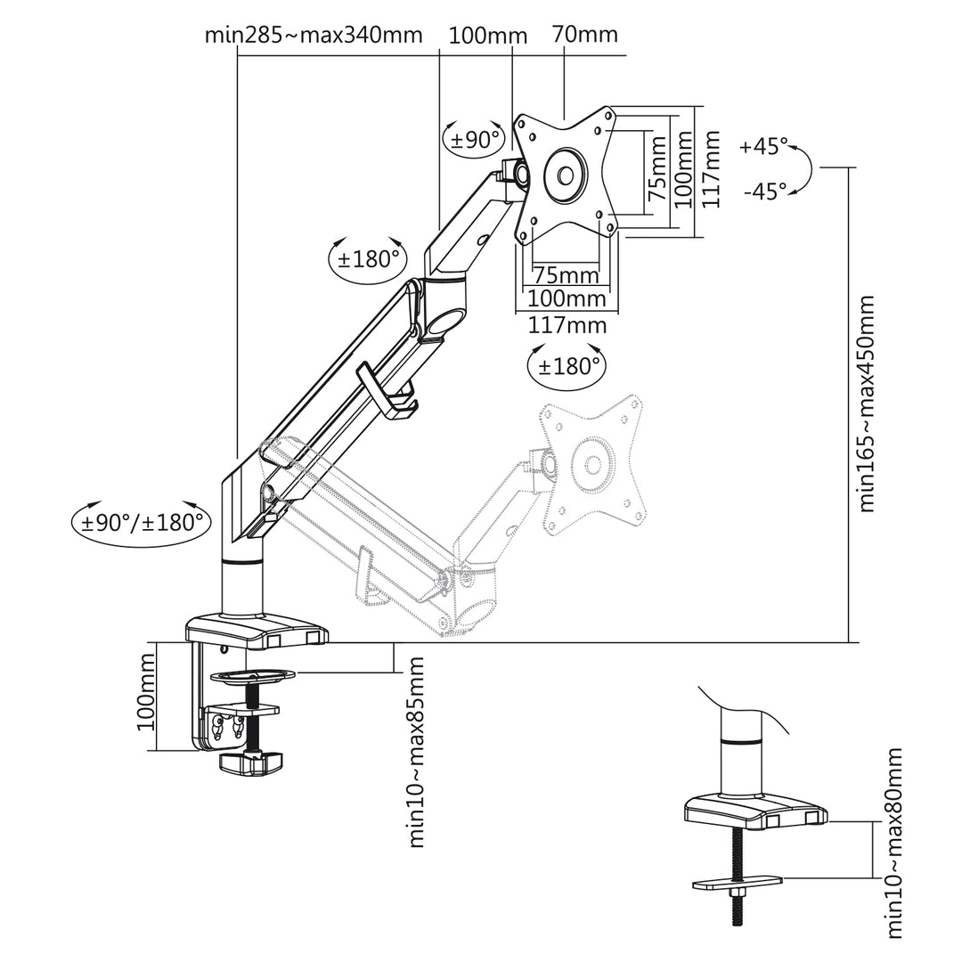 Monitorhalterung mit Gasfeder Tischhalterung Monitorarm Schwenkbar Neigbar Drehbar 13"-32" bis 9kg VESA 75x75 100x100 (Grau)